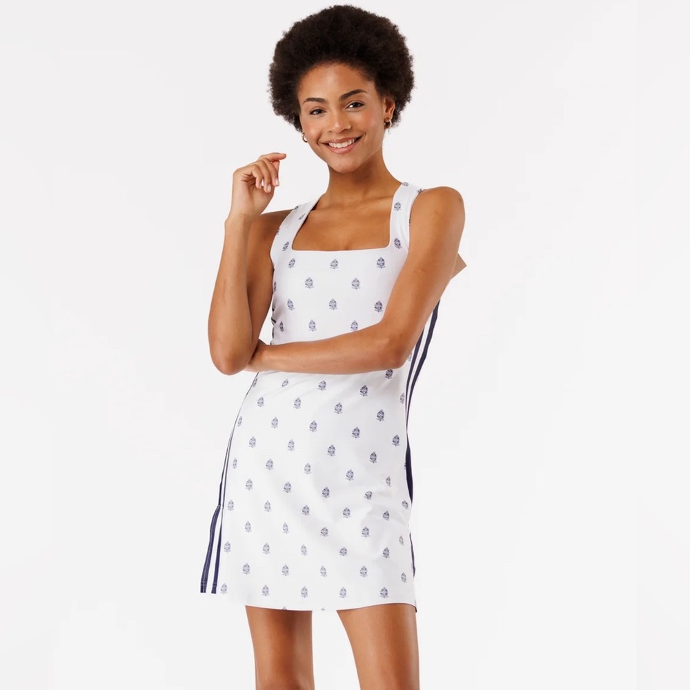 White Sleeveless Square-Neck Printed Dress